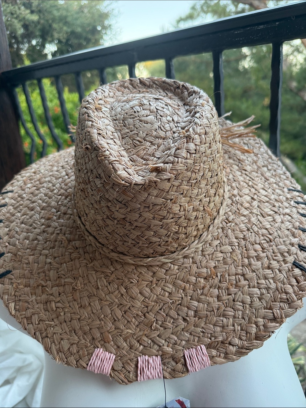 NWT Sunhat summer‎ Tan Straw 100% paper hand Stitched details OS rancher floppy